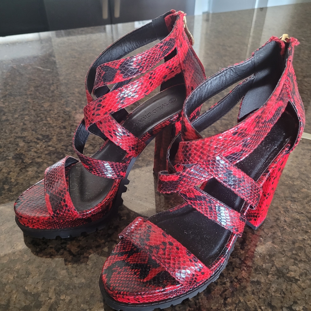 Red Snake Print High Heel Sandals